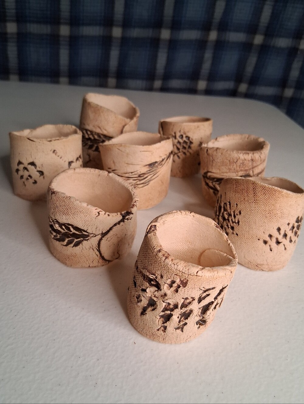 Handmade Boho Earthy Beige Clay Napkin Ring Set Of 8 with Botanical Designs